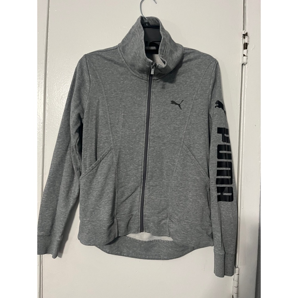 Puma Womens Full Zip Track Jacket Heather Gray Funnel Neck Sleeve Logo Size M